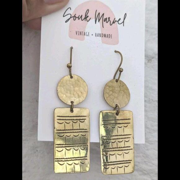Handmade In Morocco Artisan Etched Brass Rectangle Geometric Dangle Earrings - Picture 2 of 3